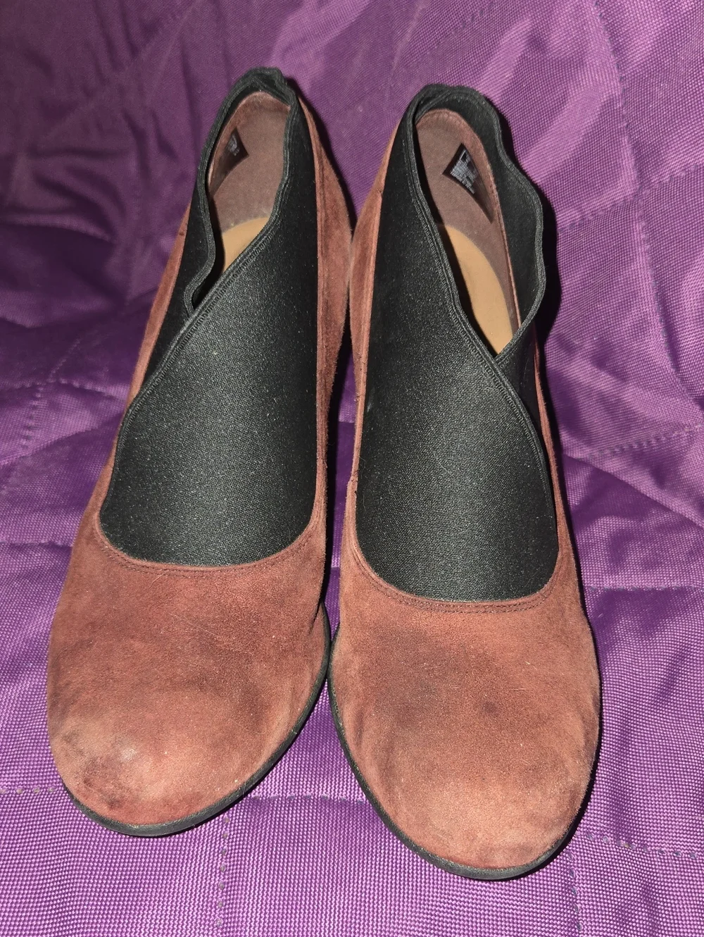 Clarks Brown Suede Slip-On Heels with Black Elastic